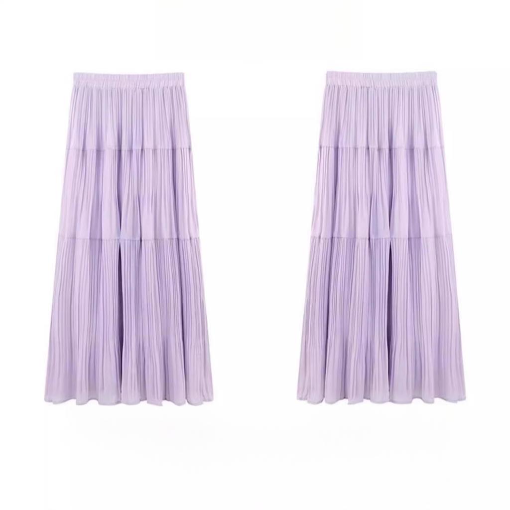 Women's Chiffon Elastic High Waist Pleated A-Line Flared Maxi Skirts Summer Flowy Boho Maxi Long Skirt Skort Comfy Relaxed Beach Vacation Clothes