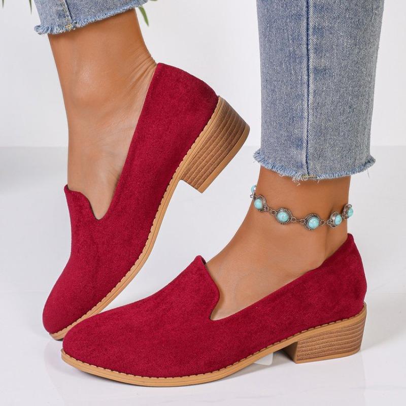 Women Autumn Velvet Pointed Toe Chunky Heel Loafers Comfortable Casual Single Shoes Plus Size 43
