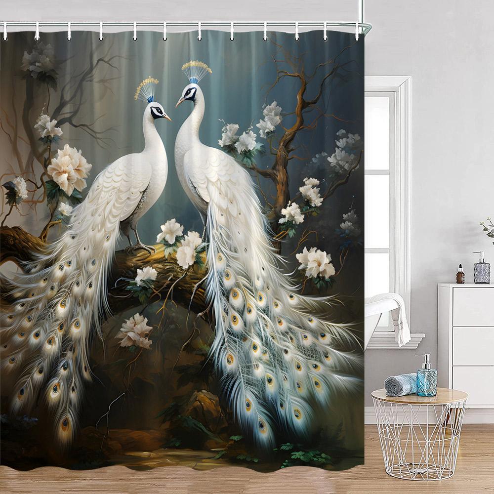 Peacock Shower Curtain Beautiful Blue Bird Pink Flower Tree Chinese Style Elegant Bath Curtain Modern Bathroom Decor with Hook