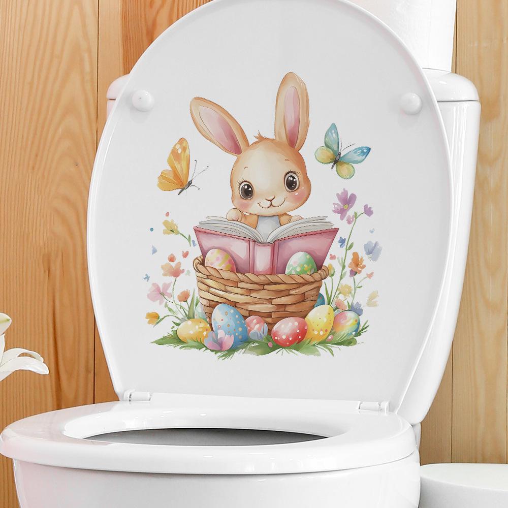 Easter Bunny, Butterflies and Colorful Eggs Toilet Seat Sticker Bathroom Decor Removable Waterproof Decal