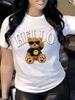 T-shirt z nadrukiem misia, krótki rękaw, okrągły dekolt, casualowy top na lato i wiosnę, odzież damska yk top koszulki dla kobiet