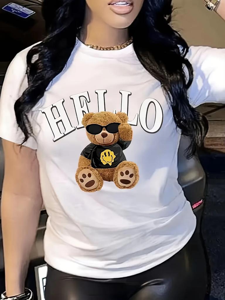 T-shirt z nadrukiem misia, krótki rękaw, okrągły dekolt, casualowy top na lato i wiosnę, odzież damska yk top koszulki dla kobiet