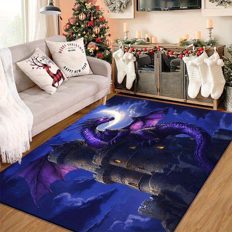 Purple Dragon On Castle Night Sky Printed Flannel Rug Machine Washable Durable Soft Carpet For Living Room Bedroom Fantasy Deco