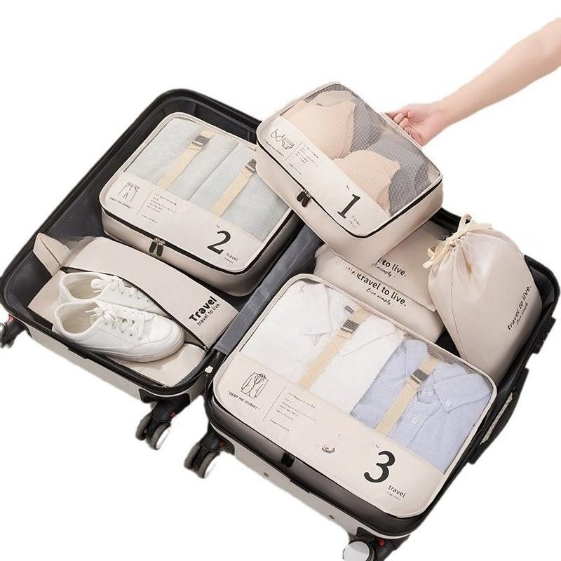 7pc Travel Organizer Set, Polyester Packing Cubes With Clothing, Underwear & Cosmetic Bags, Efficient Luggage Sorting Pouches, V