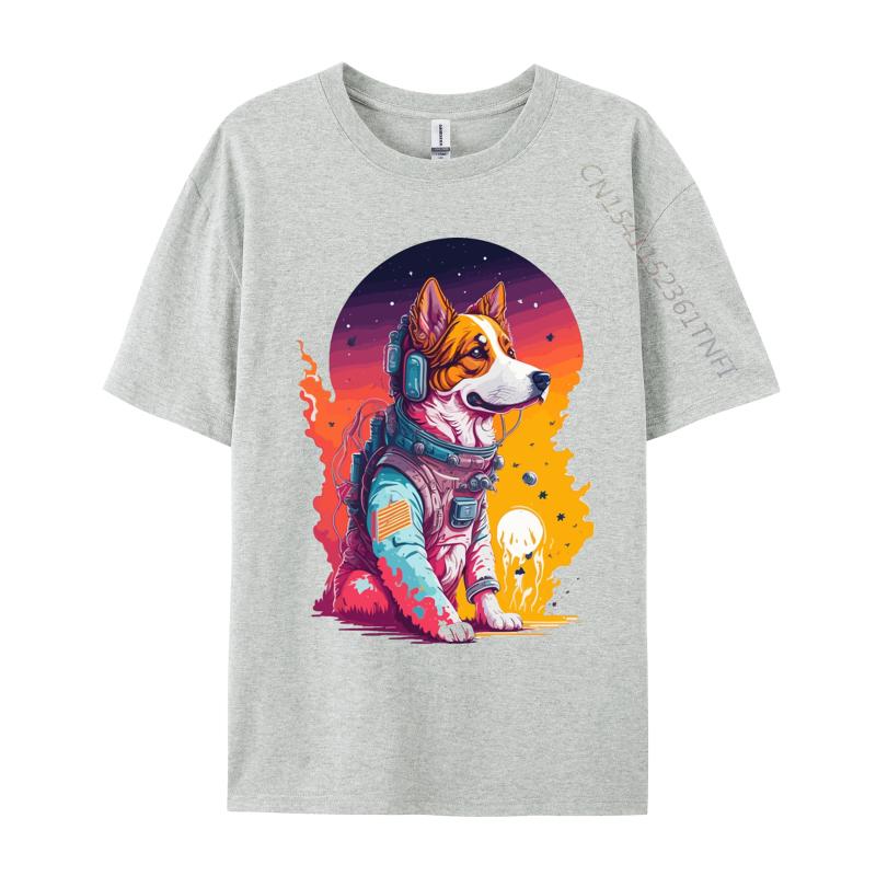 Hunde Astronauten Sonnenuntergang T-Shirt Druck Premium Baumwolle Rundhals Herren T-Shirts Hundeshirt Für Jungs Grafikshirts Herren