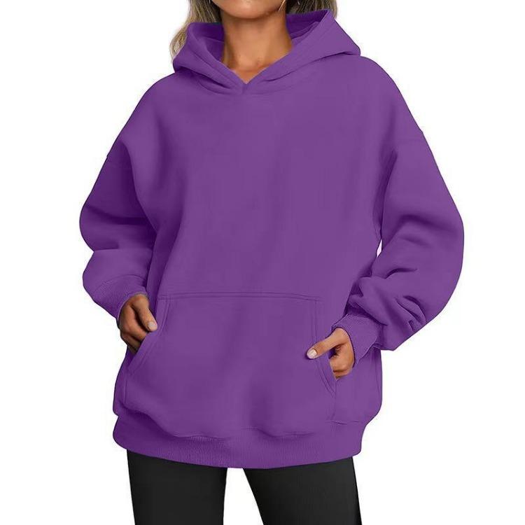 Women’s Hip Hop Street Style Fleece Hooded Sweatshirt Loose Fit Long Sleeve Warm Winter Autumn Solid Color with Pockets