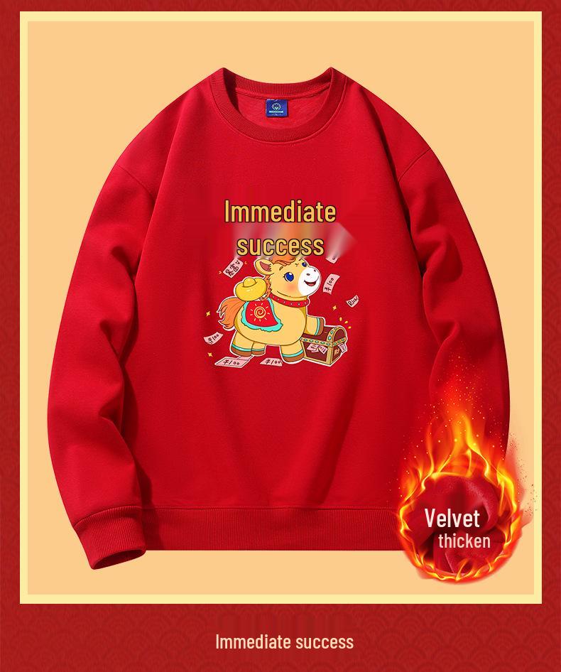 2026 Year of the Horse Red Zodiac Hoodie Fleece-Lined Loose Fit Long Sleeve Men's Clothing