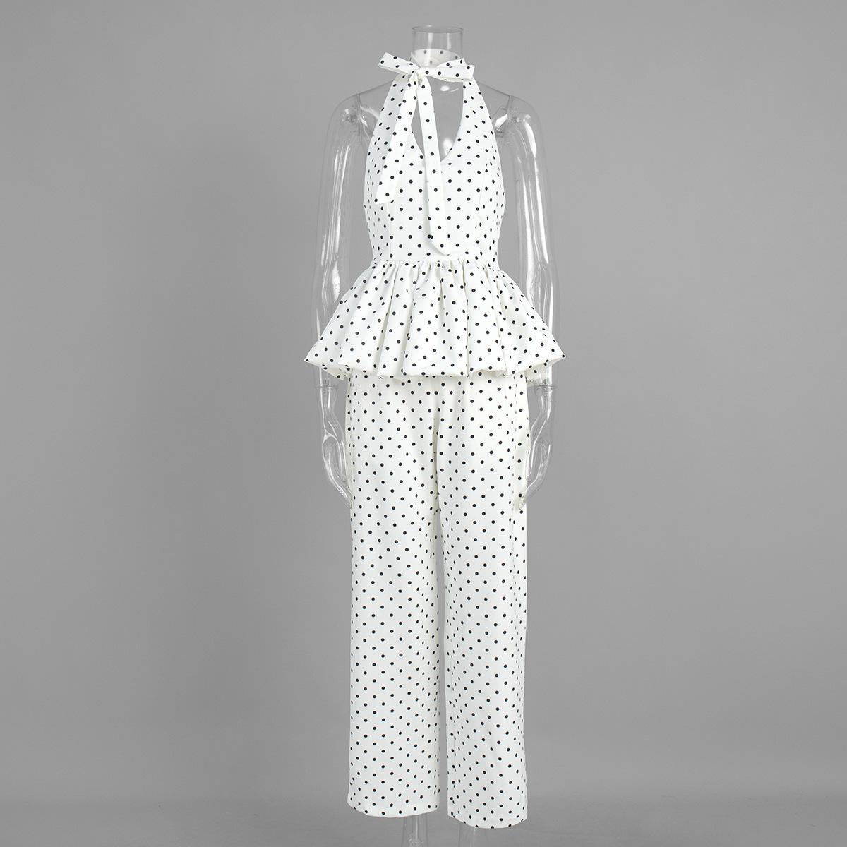 Polka Dot Print Pants Set 2026 Spring/Summer Hot Girl Style Halter Neck Strap Wide Leg Pants Set S белый