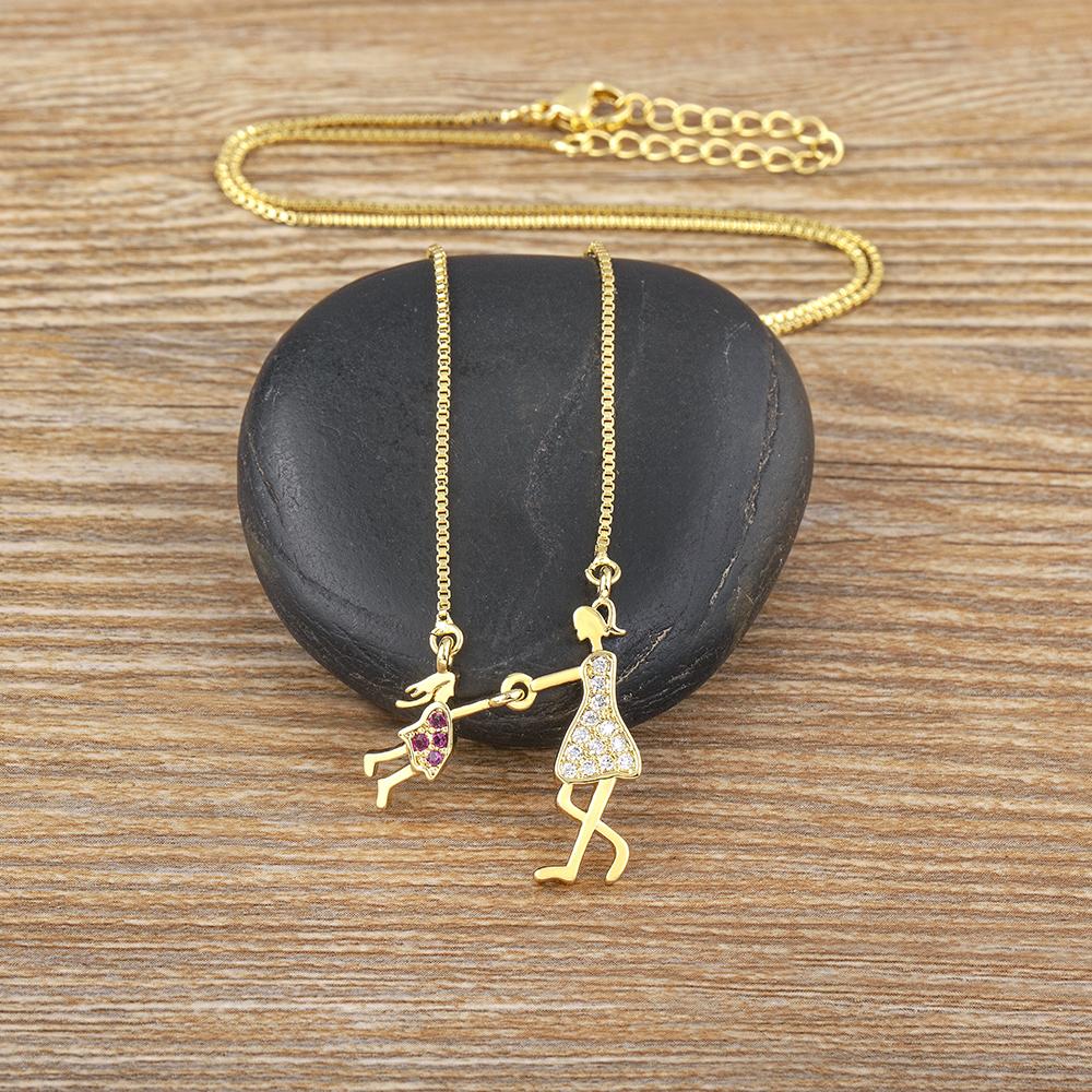 Nidin Exquisite Gold Plated Mom Daughter Necklace Girl Boy Pendant Chain Choker Cubic Zirconia Jewelry Mother's Day Gift