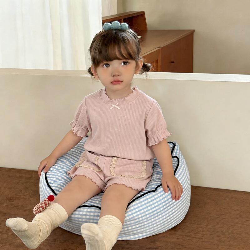Summer 2026 New Arrival: Baby Girl Lace Pajama Set - Solid Color, Sweet Home Wear