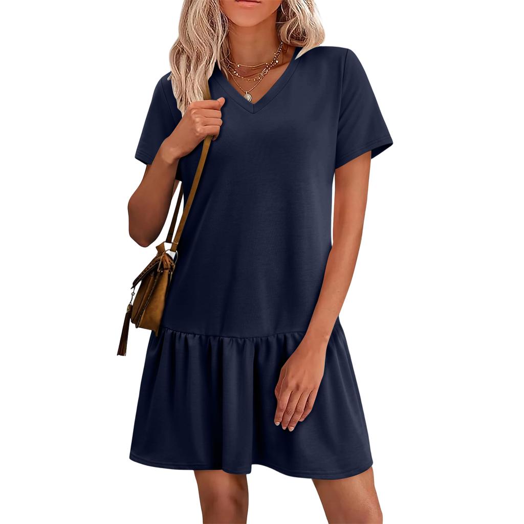 Women Short Sleeve V Neck Ruffle Hem Casual Loose Fit Mini Dress Soft Fabric Simple Style Summer Dress