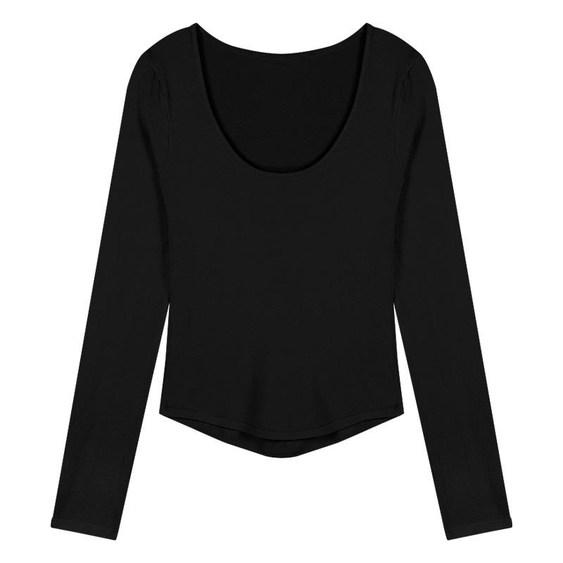 Casual Combina com Tudo para Usar por Dentro Simples Cor Sólida Estilo Curto Irregular Umbigo à Mostra Decote U Top de Manga Comprida