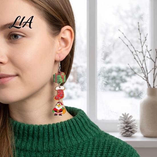 Winterurlaubsgeschenke 1 Paar Weihnachten Holz Hängende Ohrringe für Damen, Niedliche Nikolaus Saisonale Accessoires Lebkuchen Zuckerstangen Ohrringe,