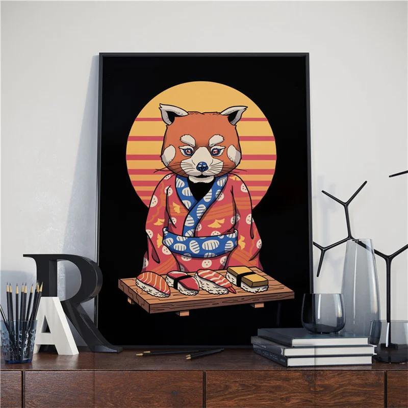 Japanese Samurai Cat Posters and Prints Ramen Nostalgia Quality Cartoon Canvas Paintings Animal Wall Art Pictures for Home Decor