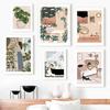 Boho Girl's Life Cat Monstera Plants Abstract Nordic Wall Art Canvas Painting Posters And Prints Pictures For Living Room Decor
