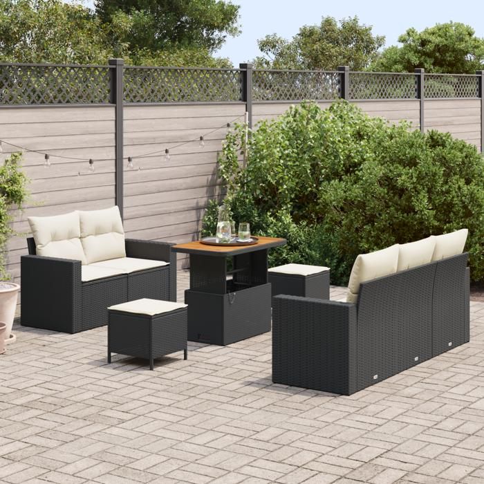 Ensemble de canapés de jardin de 8 pièces avec coussins noir poly rattan acacia, Ensemble de salle à manger de jardin 3 3361560