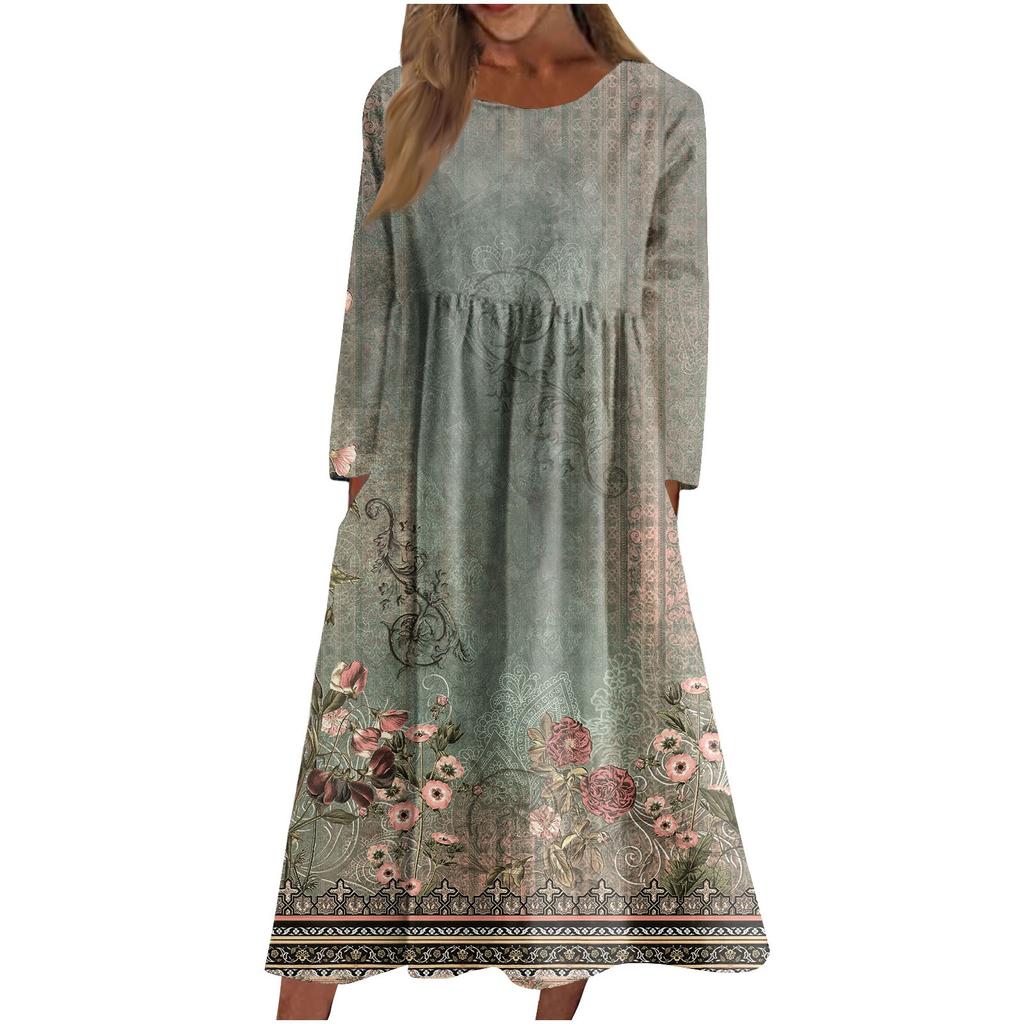 Women's Casual -neck Print Mid-length Dress Long-sleeved Pocket Dress