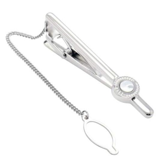 Dachshund Silver Round Cufflinks and Tie Clip Set Shell, Mother-of-Pearl (se-da027)