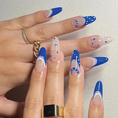 Wearing Nail French Wearing Nail Blue and White Contrasting Colors Starlight Point Fake Nail Piece Nail Patch Nail Art Finished Product
