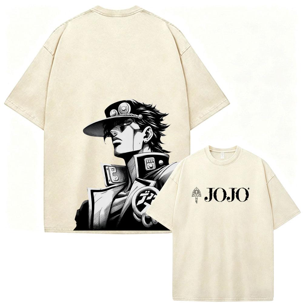 Japanischer Anime Jojo Bizarre Adventure STEEL BALL RUN Vintage Gewaschenes T-Shirt Herren Damen Kleidung Freizeit Kurzarm T-Shirts L white