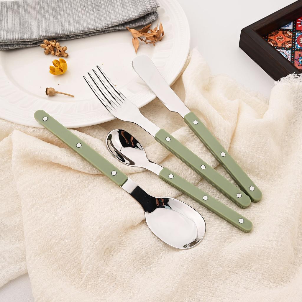 16 Pieces Color Handle Flatware Eating Utensils, Stainless Steel Tableware Rivet ABS Handle Design, Knives Forks Spoons for Home, Service for 4