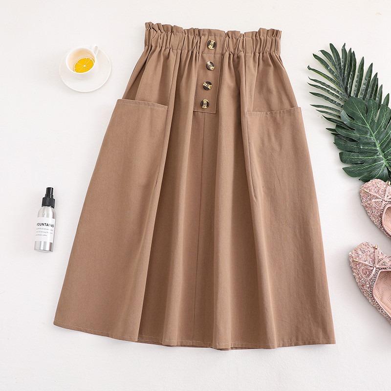 

Летняя юбка с высокой талией и однотонным карманом, универсальная свободная повседневная юбка средней длины для женщин One Size кофейный