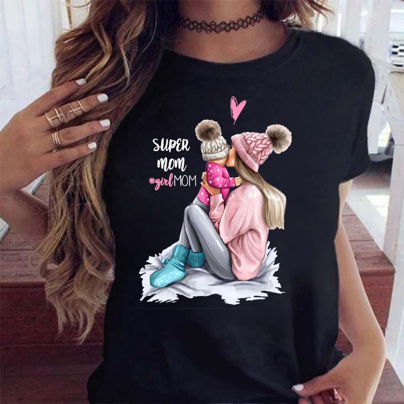 Maycaur Women Cartoon Mom Mother Boy Girl Print Mother Lady T-shirts Casual Top T Shirt Ladies Womens Graphic Female Tee T-Shirt