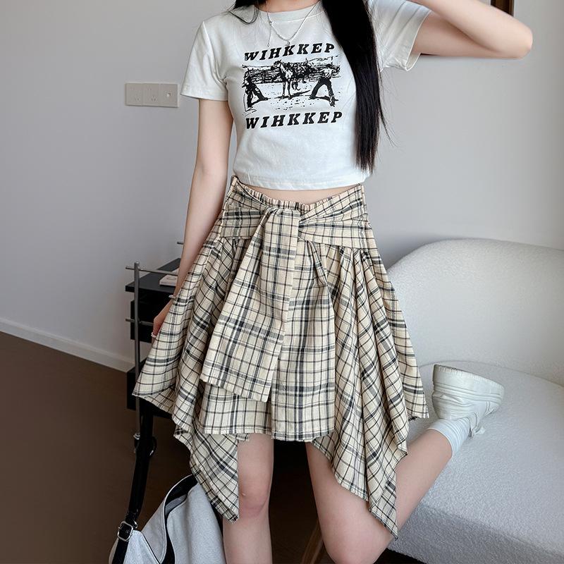 Irregular Retro Plaid Skirt Women's Summer New Thin High-waisted A-word Skirt