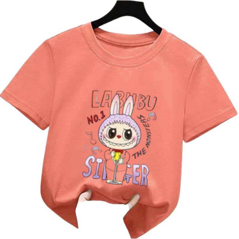 New Labubu Children's T-shirt Scarf Musician LABUBU Pattern Girl Round Neck Short Sleeve Casual Versatile Clothing