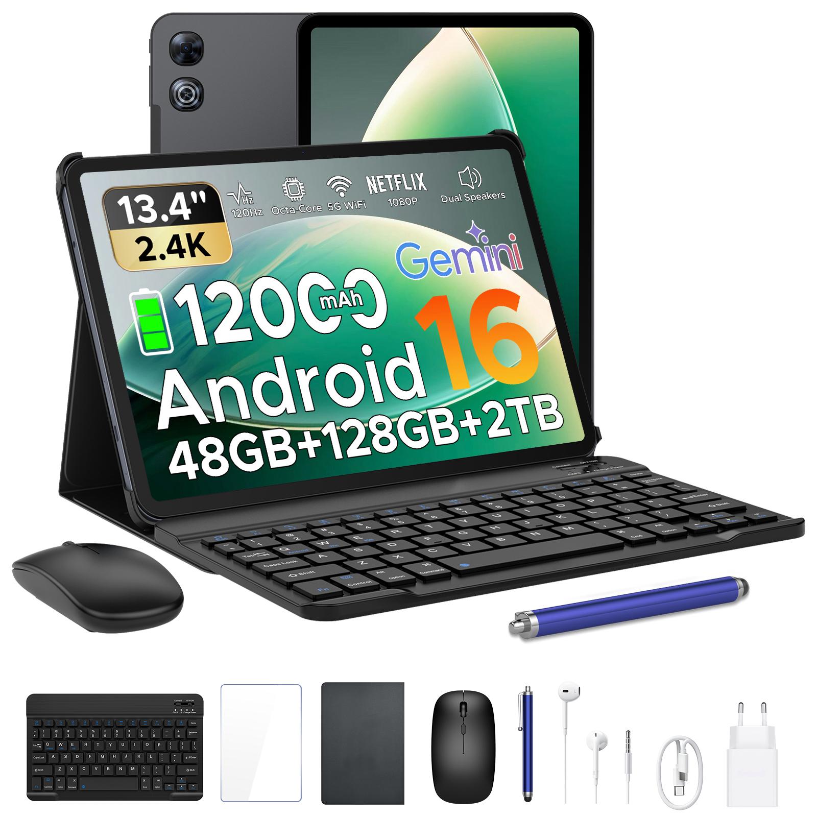 Tablets P13, 13,4 Polegadas 2,4K 120Hz Android 16, 48GB+128GB, 12000mAh, Widevine L1, Alto-falantes Duplos, Tablet com Teclado e Estojo para Caneta preto