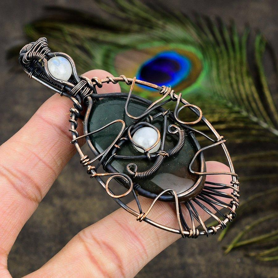 Bloodstone, Moonstone Copper Wire Wrap Jewelry Pendant 3.55" D4N68