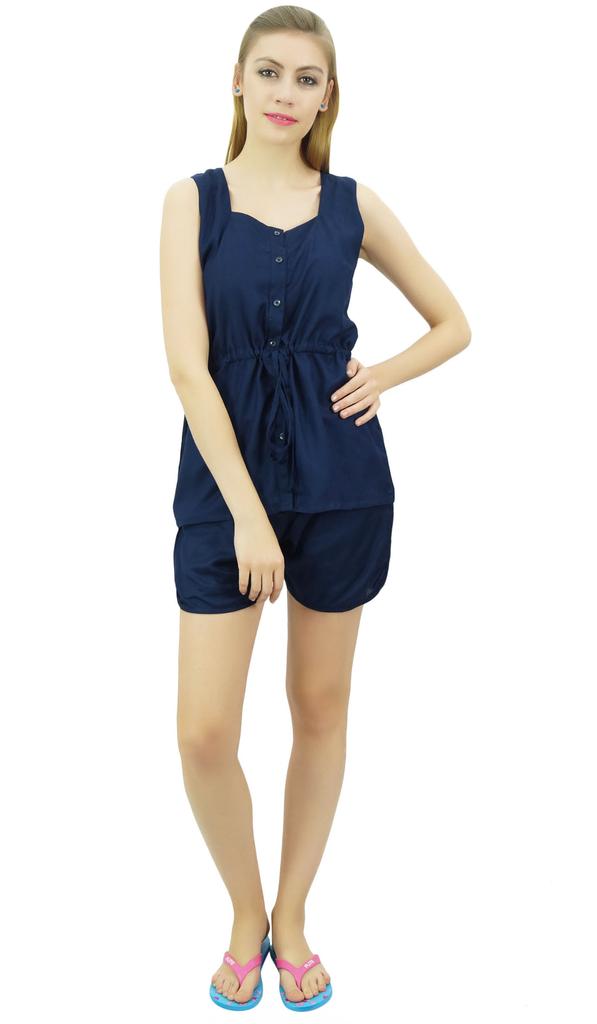 Bimba Womens Drawstring Solid Aqua Pj Set Buttondown Shirt Shorts Dress-10