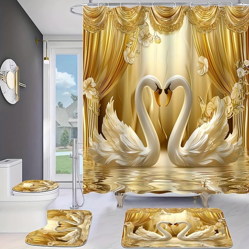 Luxurious Golden Swans and Curtains Bathroom Set - Waterproof Shower Curtain, Toilet Lid Cover, Bath Mat, and Contour Mat
