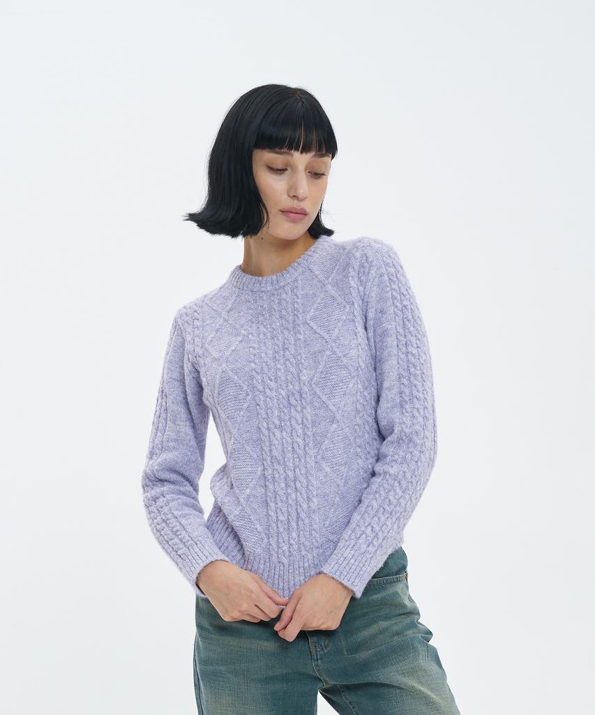 BLOND9 Fisherman Cable Wool Knit Sweater_Purple