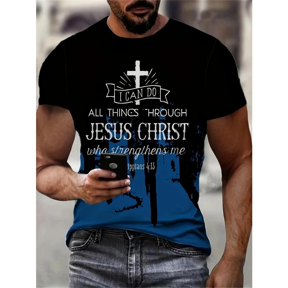 Men'S Fashion 3D Cross Print T-Shirt Casual Crew Neck Short Sleeve Polyester Blend Top with Stretch for Summer Outdoor Activities