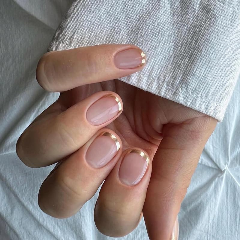 MERVF Short Press on Nails Square Fake Nails White Red French Tip Glue ons Cherry Squoval Cute Acrylic Nail with Design Glossy 24pcs 9A20 Gold
