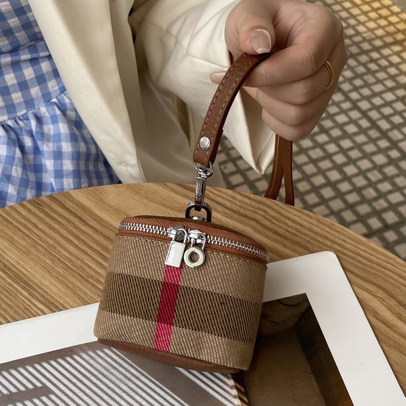Canvas Cowhide Small Change Purse Ins Style Simple Portable Neck Hanging Lipstick Makeup Bag Leather Earphone