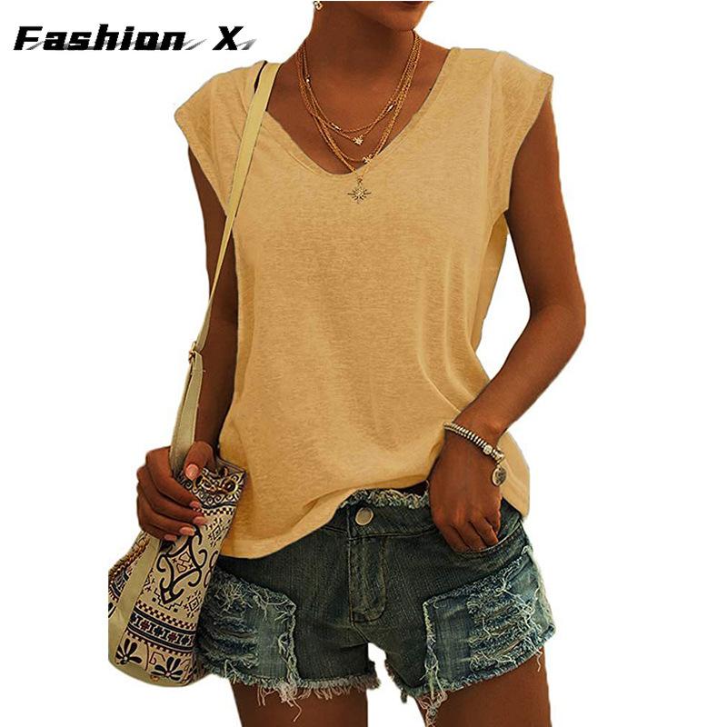 

Женская красочная хлопковая однотонная свободная футболка с v-образным вырезом и рукавами S