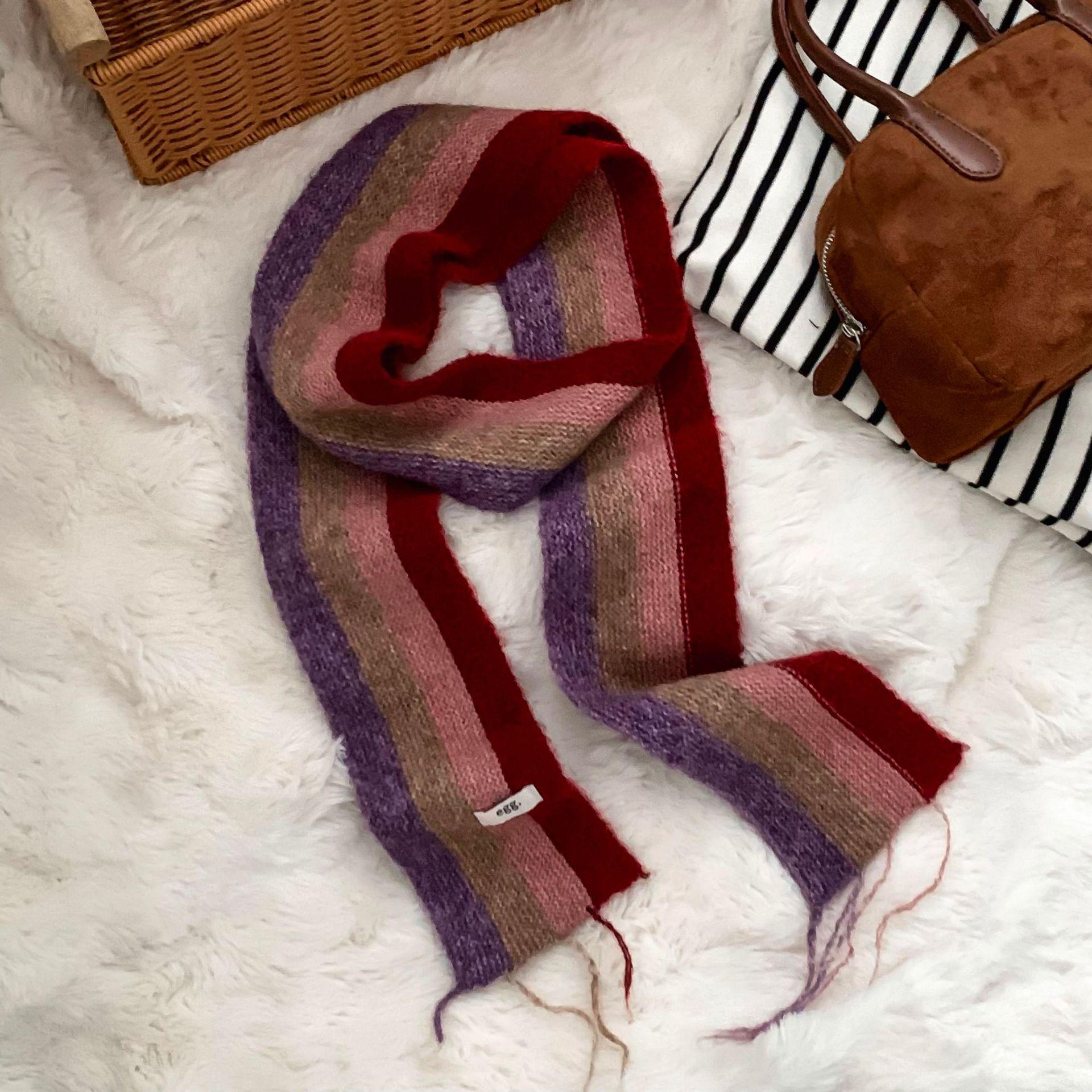 

Korean Stylish Rainbow Striped Fringed Knitted Scarf Women Winter Neck Warm Female Scarves Fashion Narrow Long Muffler Female
