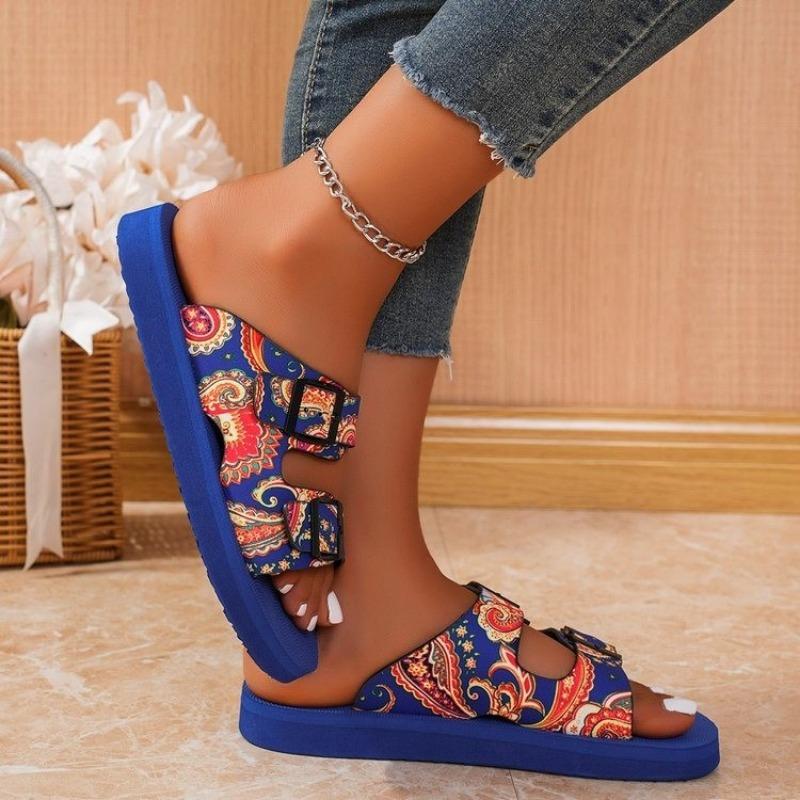 2024 New Summer High Quality Women's Shoes Fashion Open Toe Color Block Buckle Casual Roman Women's Flat Beach Slippers