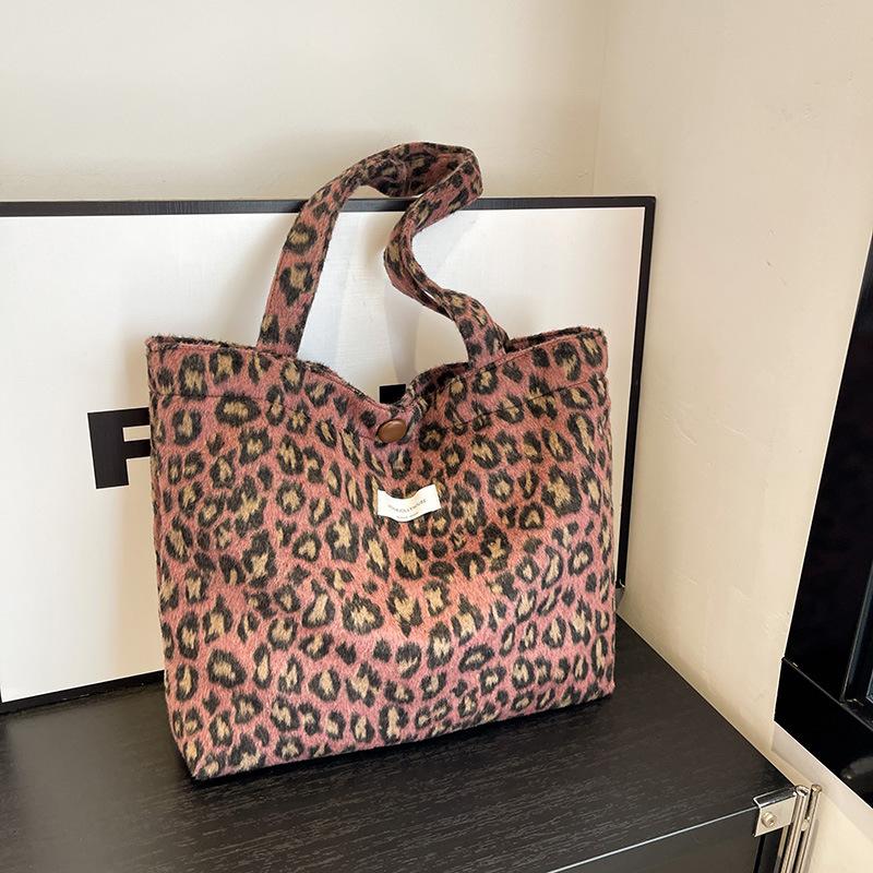 Autumn Casual Fashion Woolen Plaid Shoulder Bag Retro Leopard Print Portable Commuter Canvas Bag Women's Casual Shoulder Bag
