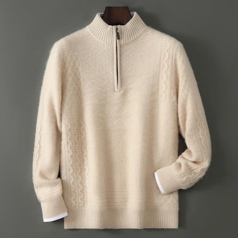 Men's Soft Half-Zip Pure Wool Sweater - Thick, Loose, Stylish Pullover for All Ages