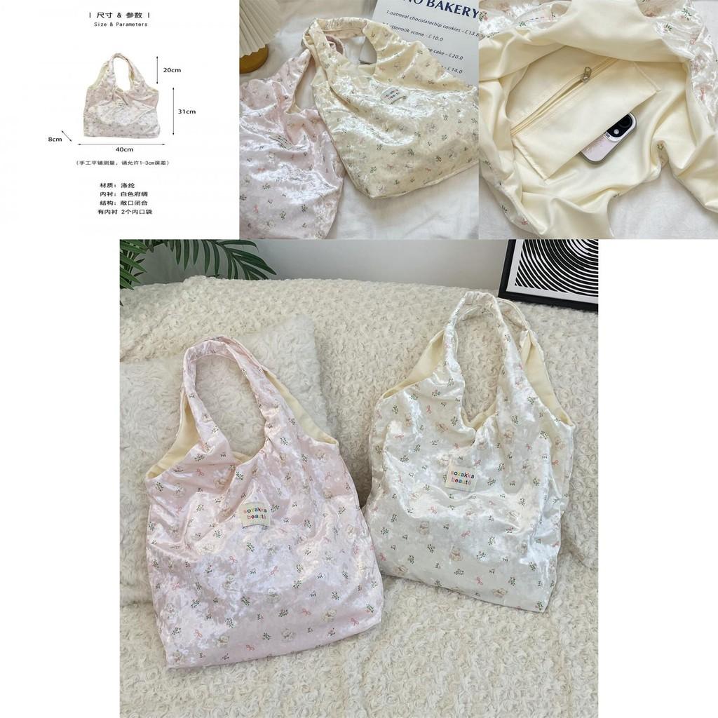 Trendy Soft Fabric Bear Print Silk Tote Bag Featuring Bow Accent For Women On The Go