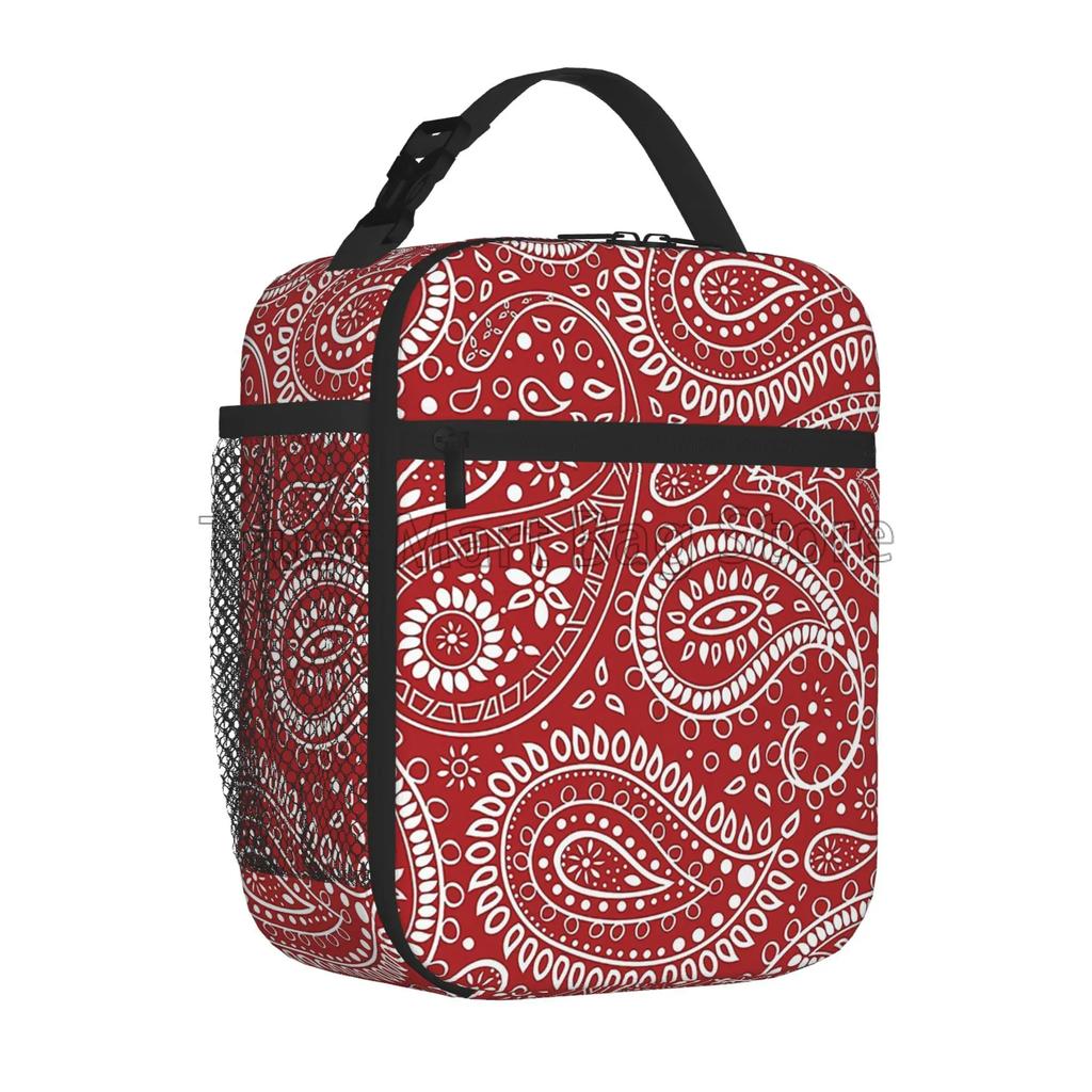 Red Black Paisley Mandala Lunch Box Portable Insulated Lunch Bag Reusable Cooler Tote Bag for Women Men Work Picnic Beach Hiking