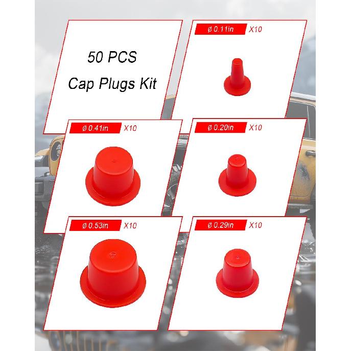 50 Pcs Automotive Cap Plugs Kit 0.11" to 0.53" Fit for AutoLine Pro, Autool, MR CARTOOL, OTC, Plastic Tapered Wide Thick Flange Hose Caps