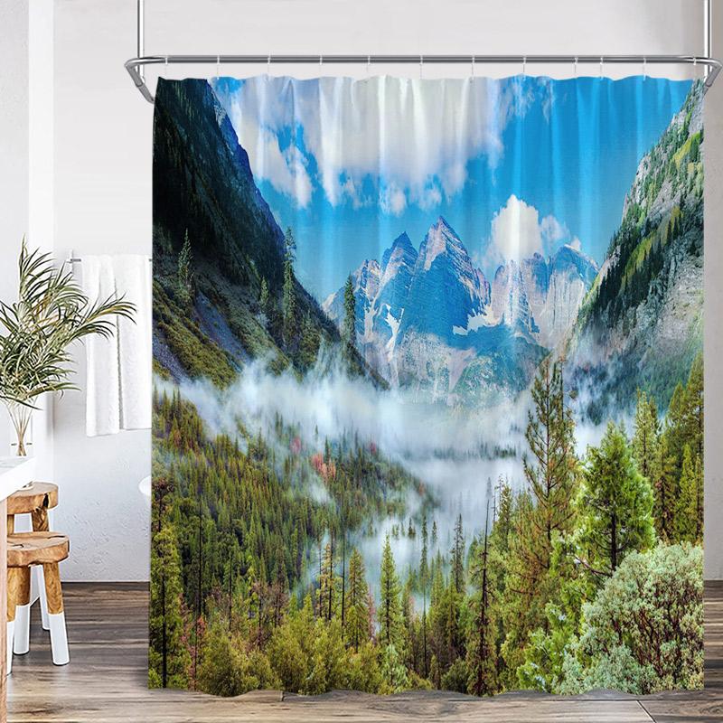 Nature Waterfall Landscape Shower Curtains Forest Lake Crane Lotus Flowers Chinese Style Scenery Home Bathroom Curtain Decor Set