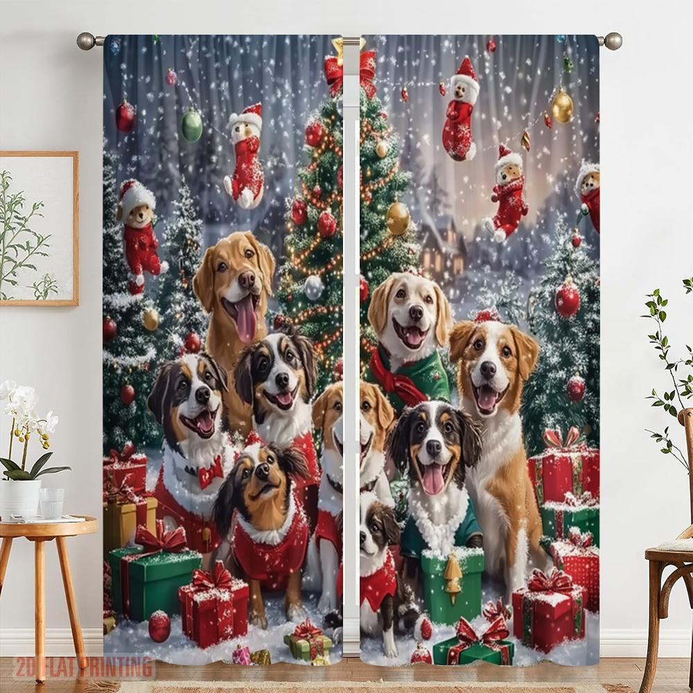 2pcs,2D Plane Printing Curtains Christmas Dogs Tree Snow (2) Polyester (without Rod) Holiday for Various Room Types