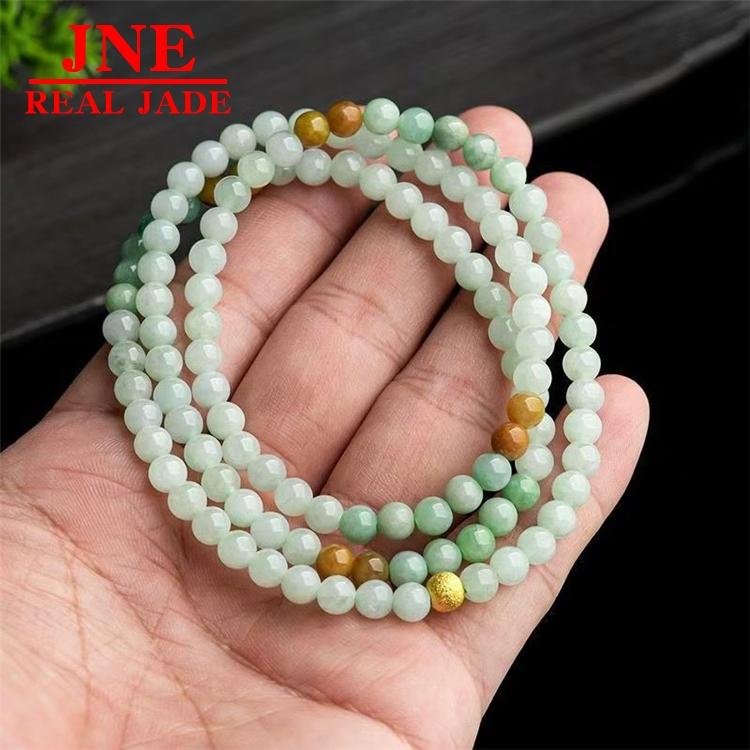 Natural Myanmar Jadeite 6mm Jade Bead Necklace Glutinous Ice Jade Bracelet Sweater Chain Women's Three-Ring Bracelet