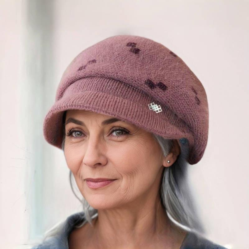 Elegancki dziergany kapelusz typu kaczy dziób z ochroną uszu dla kobiet, jesienno-zimowy, podszyty aksamitem