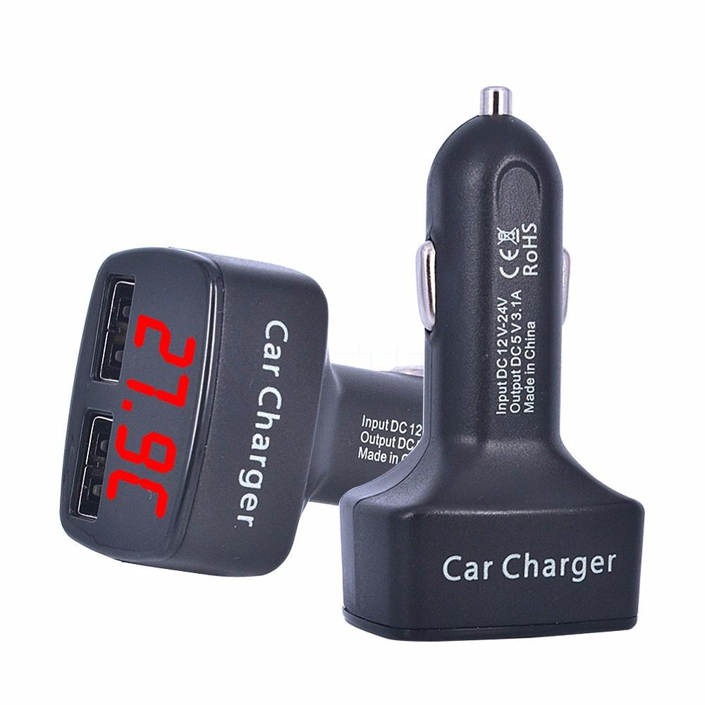Dual USB Car Charger DC 5V 3.1A Universal with Temperature/Voltage/Current Meter Tester Adapter Digital LED Display Charger 4in1